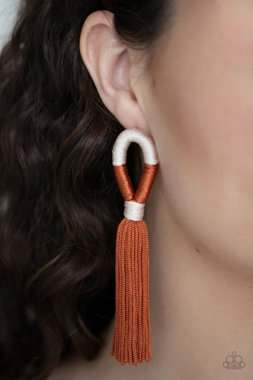 Moroccan Mambo - Oversized Multi (Soft White/Cinnamon Stick) Knotted Cord Free-Fall Tassel Earrings E#2258