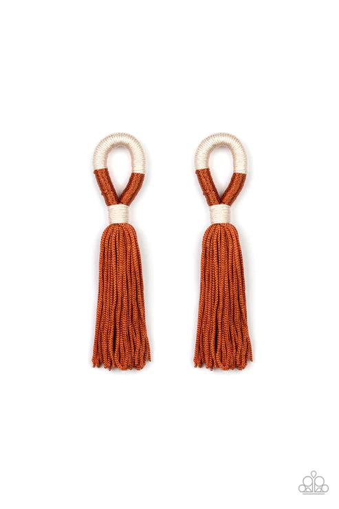 Moroccan Mambo - Oversized Multi (Soft White/Cinnamon Stick) Knotted Cord Free-Fall Tassel Earrings E#2258