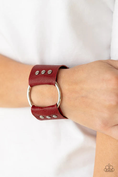 Moto Mayhem - Oversized Red/Black/Silver Studded Hoop Leather Bracelet B#1677