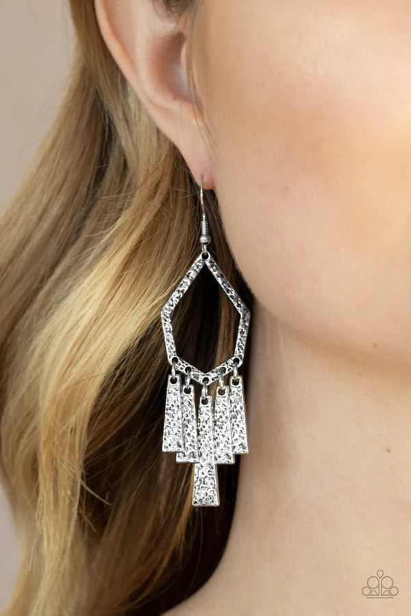 Museum Find - Silver Geometric "Swing " Flared Rectangular Hammered Earrings E#767