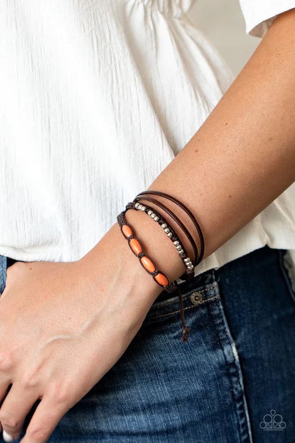 My Beach House is Your Beach House - Orange (Coral)/Silver/Brown Mismatched Braided Twine Cord Sliding Knot Leather Urban Bracelet Stack B#1124