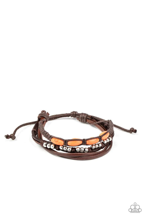 My Beach House is Your Beach House - Orange (Coral)/Silver/Brown Mismatched Braided Twine Cord Sliding Knot Leather Urban Bracelet Stack B#1124