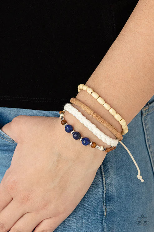 Natural-Born Navigator - Blue Glassy Mismatched Cork/Thread/Wood Metallic Accents Sliding Knot Closure Urban Bracelet B#1654