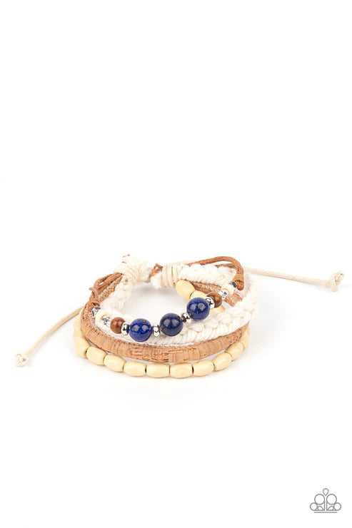 Natural-Born Navigator - Blue Glassy Mismatched Cork/Thread/Wood Metallic Accents Sliding Knot Closure Urban Bracelet B#1654
