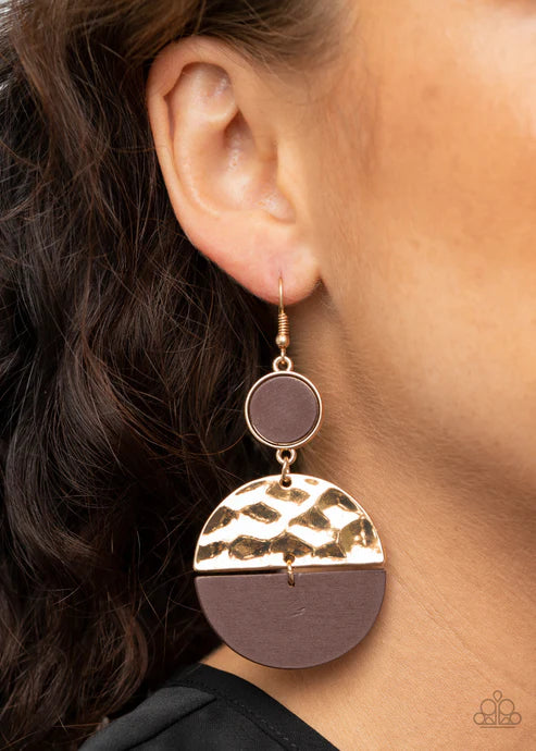 Natural Element - Oversized Gold/Brown Wooden Crescent Hammered Round Dotted Earrings E#2621