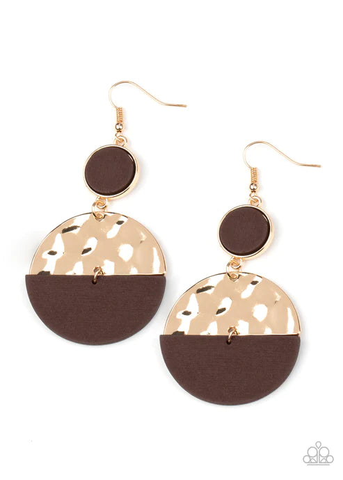 Natural Element - Oversized Gold/Brown Wooden Crescent Hammered Round Dotted Earrings E#2621