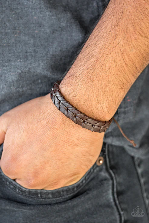 Navy Nautical - Brown Rugged Stitched Leather Adjustable Sliding Knot Closure Urban Bracelet B#1681