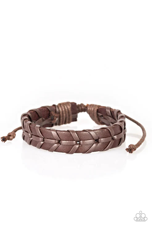 Navy Nautical - Brown Rugged Stitched Leather Adjustable Sliding Knot Closure Urban Bracelet B#1681