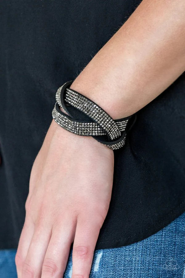Nice Girls Finish Last - Black/Hematite Encrusted Trio Braid Suede Wrap Adjustable Snap Closure Bracelet B#786