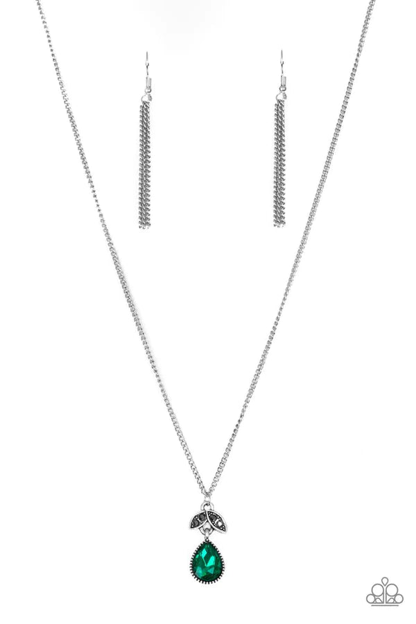 Nice To Meet You - Green/Hematite Encrusted 3D Leafy Filigree Teardrop Necklace N#054