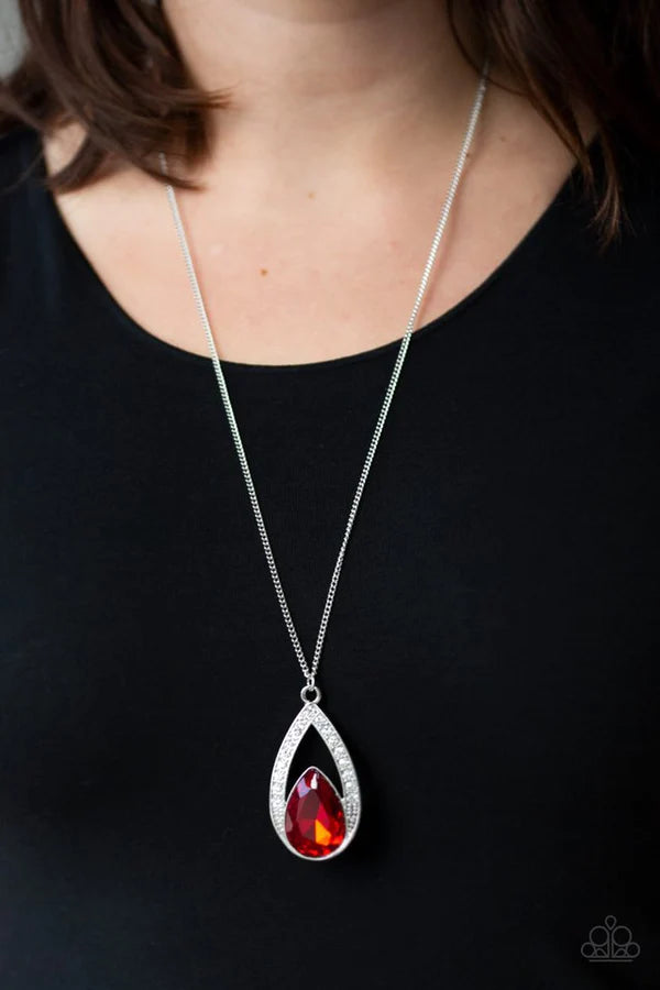 Notorious Noble - Oversized Fiery Red Encrusted Teardrop Necklace N#081