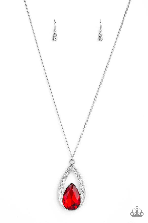 Notorious Noble - Oversized Fiery Red Encrusted Teardrop Necklace N#081