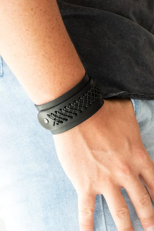 OUTLAW and Order - Oversized Black Rugged Stitched CrissCrossed Studded Urban Bracelet B#1596