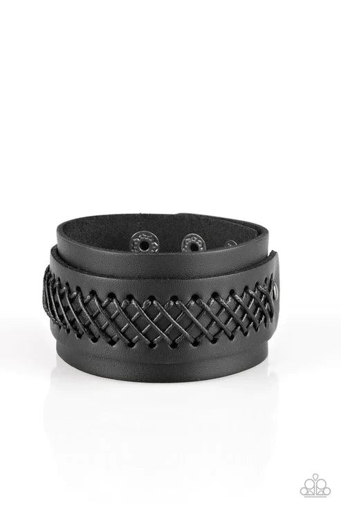 OUTLAW and Order - Oversized Black Rugged Stitched CrissCrossed Studded Urban Bracelet B#1596