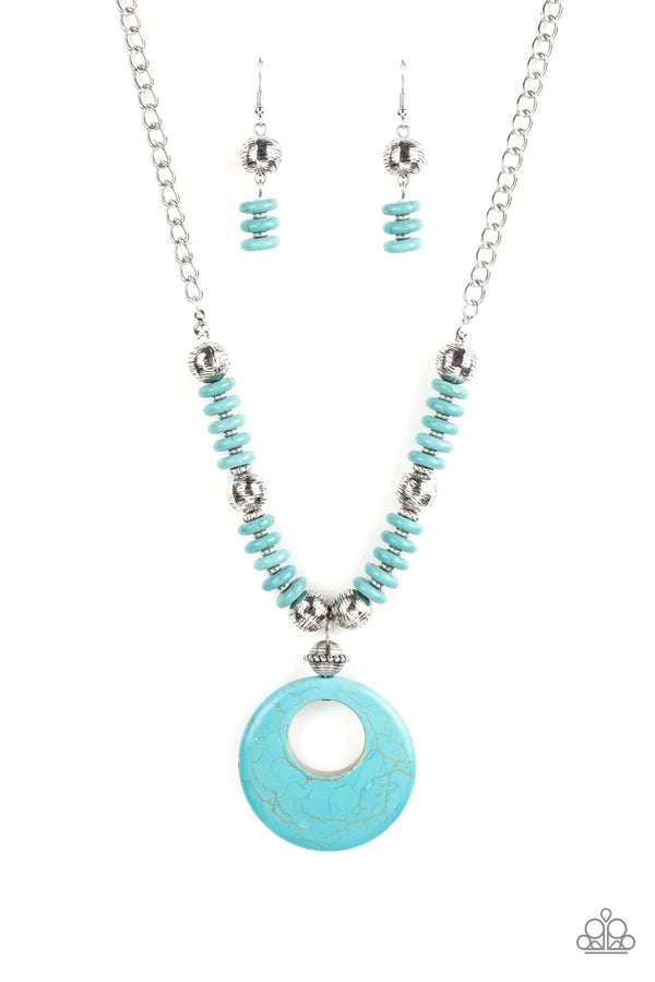 Oasis Goddess - Oversized Blue/Silver Mismatched Stone Discs Pendant "Swing" Accent  Necklace N#107