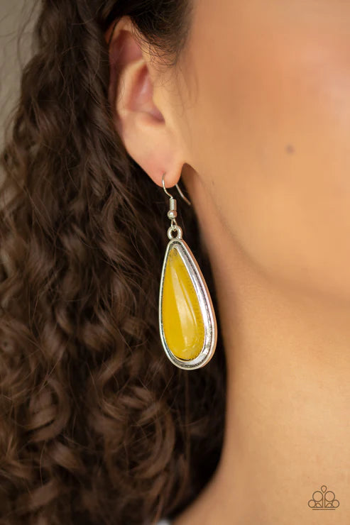 Oasis Sheen - Oversized Yellow Glassy Stone Teardrop Earrings E#2222