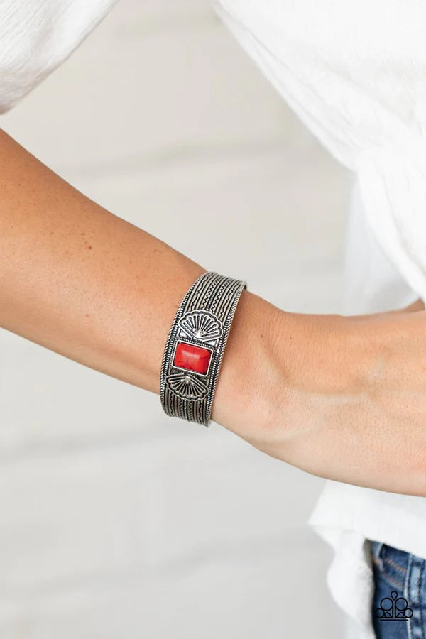 Ocean Mist - Red Rectangular Stamped Shell Stone Tribal Cuff Bracelet B#093