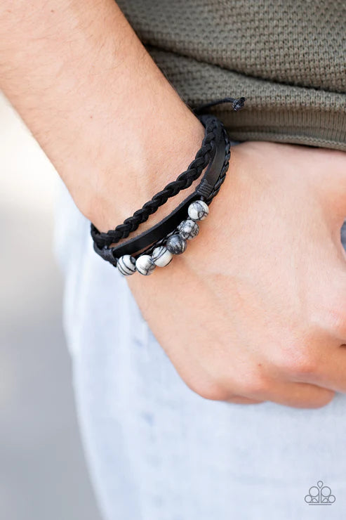 Off-Road Rebel - Black Infused Stone Mismatched Smooth/Braided Suede/Leather Adjustable Sliding Knot Closure Urban Bracelet B#2053