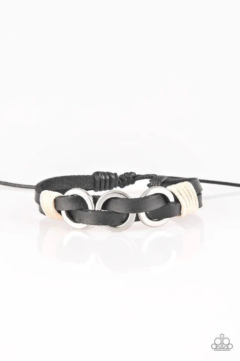 Off-Road Tourist - Black/White Infused Twine Cording Leather Adjustable Sliding Knot Closure Urban Bracelet B#1592