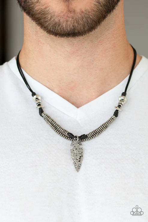 Off With His ARROWHEAD - Oversized Black Metallic 3D Hammered Arrowhead Knotted Button Loop Closure Urban Necklace N#2023