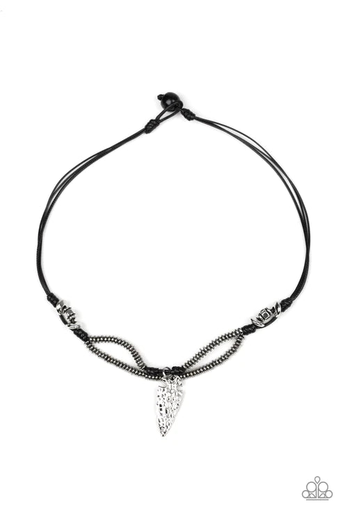 Off With His ARROWHEAD - Oversized Black Metallic 3D Hammered Arrowhead Knotted Button Loop Closure Urban Necklace N#2023