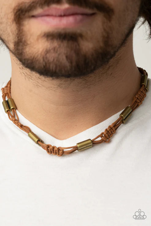 Offshore Drifter - Brown/Brass/Tan Rustic Knotted Decorative Braided Cord Accent Sliding Knot Urban Necklace N#1996