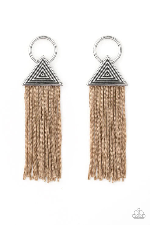 Oh My GIZA - Oversized Brown Airy Hypnotic Triangular Cording Streams Dramatic Tassel Hoop Earrings E#2259