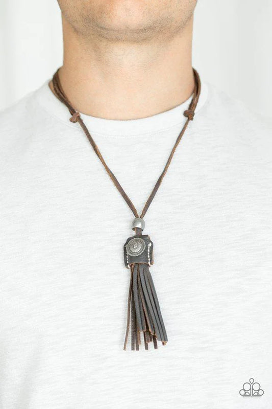 Old Town Road - Oversized Brown/Silver Antiqued Tasseled Leather Adjustable Sliding Knot Urban Necklace N#332