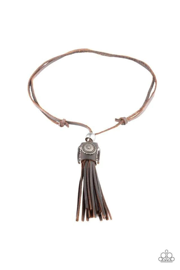 Old Town Road - Oversized Brown/Silver Antiqued Tasseled Leather Adjustable Sliding Knot Urban Necklace N#332