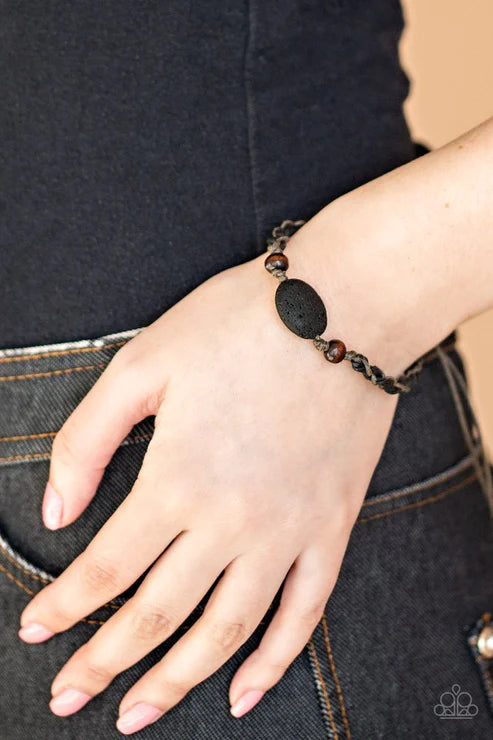 On The Home Front - Black/Brown/Gray Rugged Flanked Stone/Wood Knotted Braid Cord Lava Rock Sliding Knot Closure Urban Bracelet B#1736