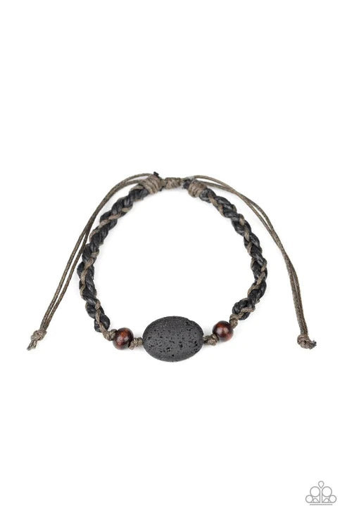On The Home Front - Black/Brown/Gray Rugged Flanked Stone/Wood Knotted Braid Cord Lava Rock Sliding Knot Closure Urban Bracelet B#1736