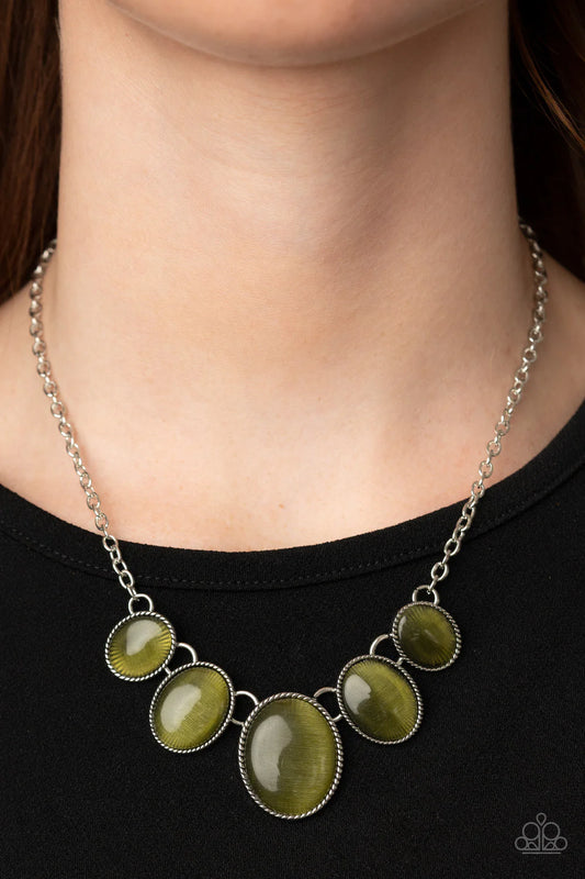 One Can Only GLEAM - Green (Military Olive) Oval Cat's Eye Moonstone Linked Necklace N#125