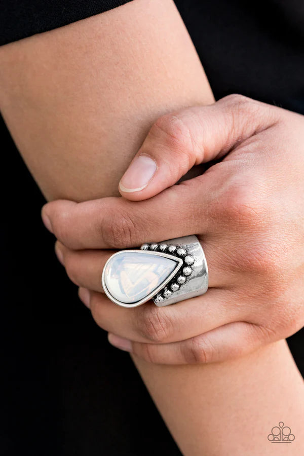 Opal Mist - Oversized Milky White/Opal Iridescent Studded Knuckle Ethereal Teardrop Ring R#168