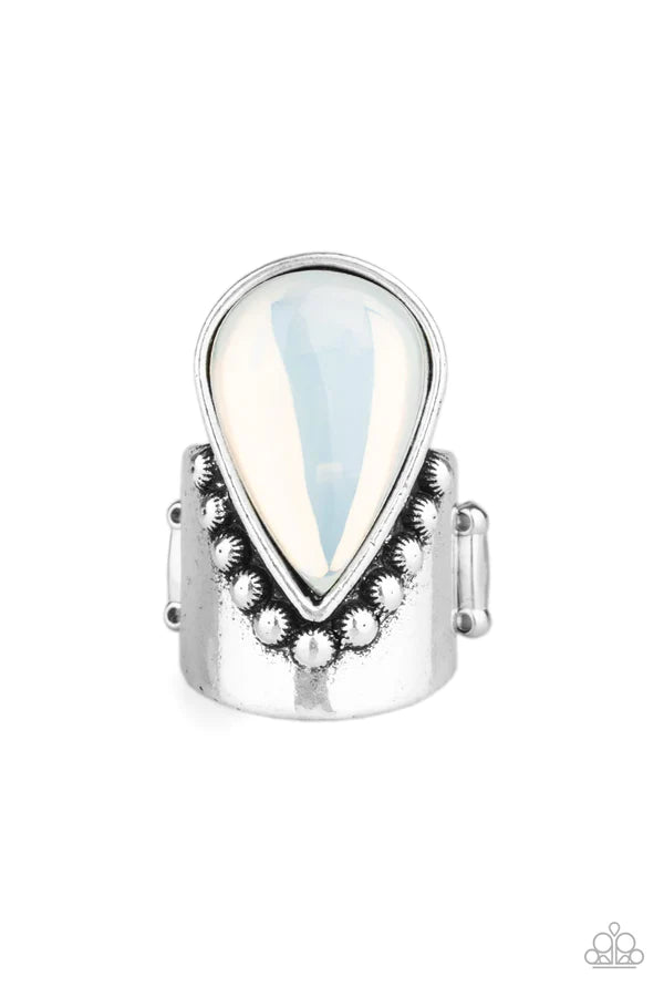 Opal Mist - Oversized Milky White/Opal Iridescent Studded Knuckle Ethereal Teardrop Ring R#168