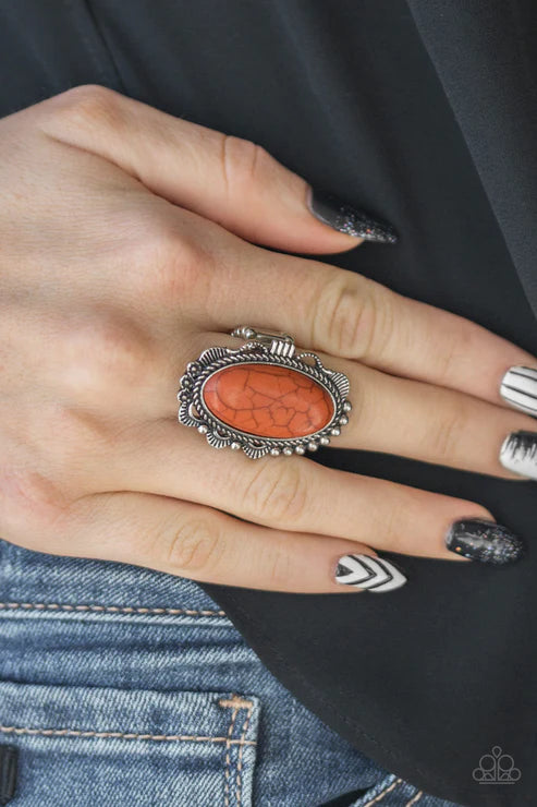 Open Range - Oversized Orange Ripple Studded/Serrated Textured Stone Ring R#1578