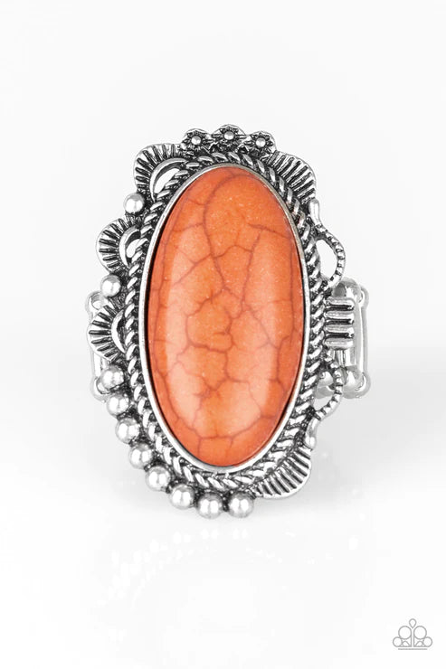 Open Range - Oversized Orange Ripple Studded/Serrated Textured Stone Ring R#1578