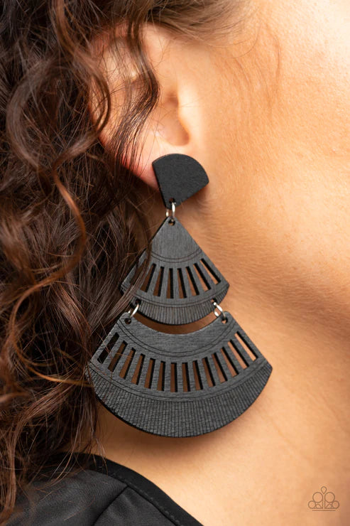 Oriental Oasis - Oversized Black Airy Stenciled Triangular Crescent Connect Fanned Out Lure Wood Earrings E#2250
