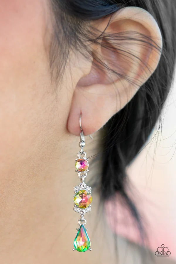 Outstanding Opulence - Multi Encrusted Frame Oil Spill Linked Round/Teardrop Elegantly Stacked Earrings E#819