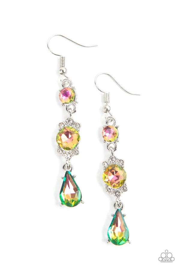 Outstanding Opulence - Multi Encrusted Frame Oil Spill Linked Round/Teardrop Elegantly Stacked Earrings E#819