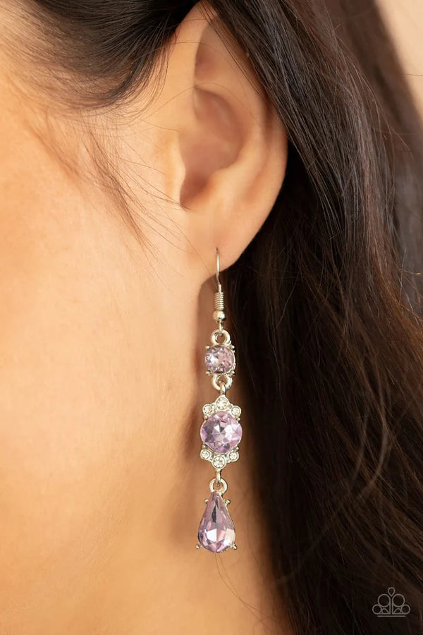 Outstanding Opulence - Purple Encrusted Frame Purple Linked Round/Teardrop Elegantly Stacked Earrings E#288