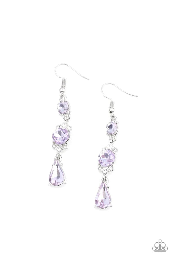 Outstanding Opulence - Purple Encrusted Frame Purple Linked Round/Teardrop Elegantly Stacked Earrings E#288