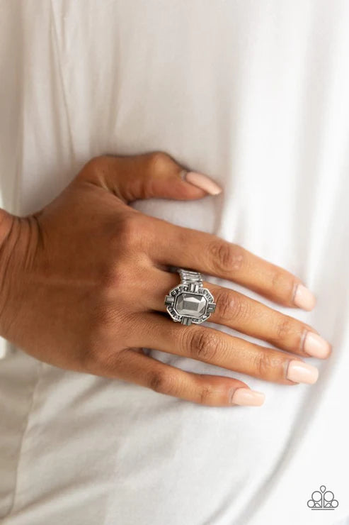 Outta My Way! - Silver Smoky Hematite Emerald Cut Ring R#1932