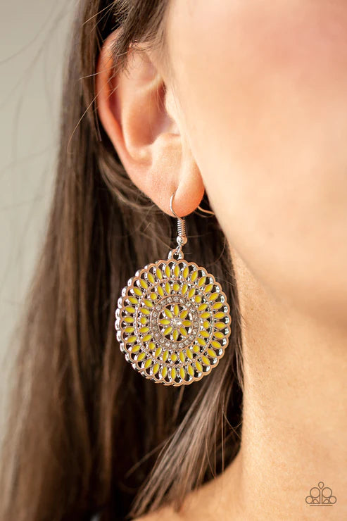 PINWHEEL and Deal - Sunny Yellow Petal Encrusted Earrings E#2112