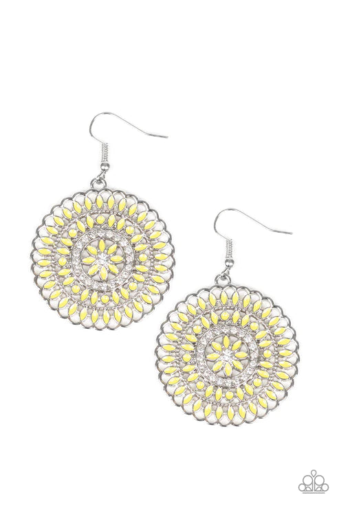 PINWHEEL and Deal - Sunny Yellow Petal Encrusted Earrings E#2112
