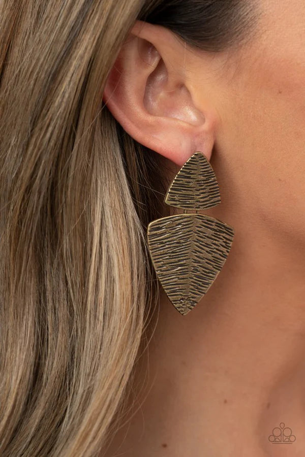 PRIMAL Factors - Oversized Brass Duo Beveled Etched Linear Lure Linked Tribal Earrings E#1440