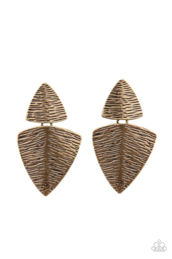 PRIMAL Factors - Oversized Brass Duo Beveled Etched Linear Lure Linked Tribal Earrings E#1440