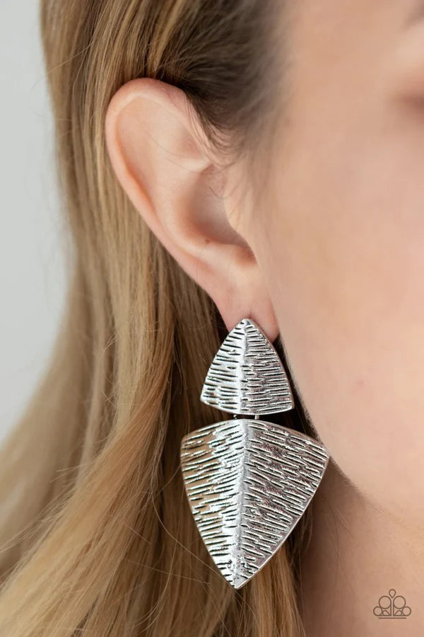PRIMAL Factors - Oversized Silver Duo Beveled Etched Linear Lure Linked Tribal Earrings E#260