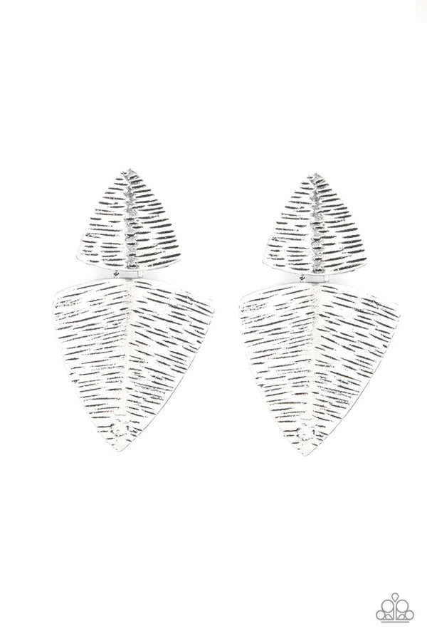 PRIMAL Factors - Oversized Silver Duo Beveled Etched Linear Lure Linked Tribal Earrings E#260