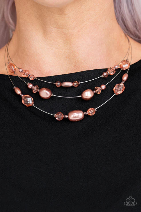 Pacific Pageantry - Copper Pearl Trio Crystal Wire Illusion Necklace N#2174