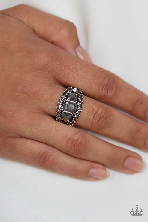 Packin Heat - Silver Triangular Encrusted Hematite Ring R#1762